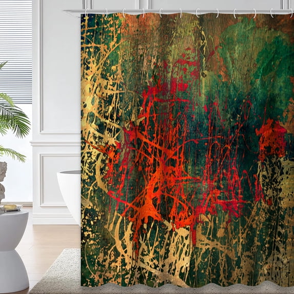 LALILO Old Gold Orange Waterproof Shower Curtain,Art Abstract Grunge Graphic and Green Colors with Shower Curtains for Bathroom with 12 Hooks,72x72 Inch