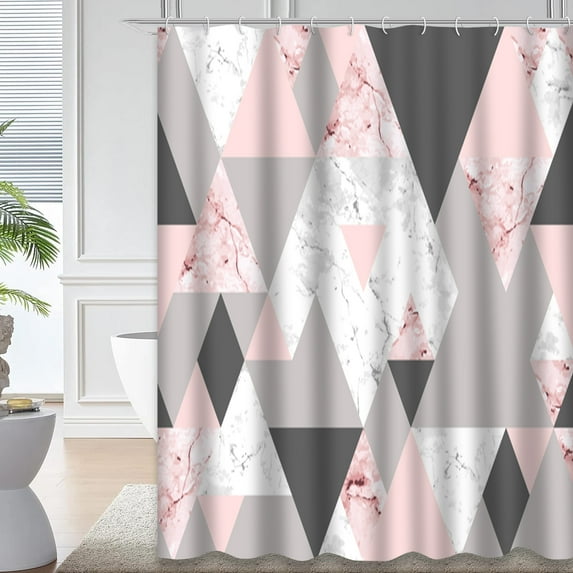 LALILO Pink and Gray Waterproof Shower Curtain,Seamless Geometric Pink Gray Marble Triangle Abstract Shower Curtains for Bathroom with 12 Hooks,72x72 Inch