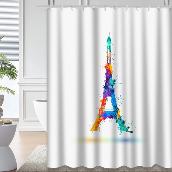 LALILO Rainbow Paris Shower Curtain, Eiffel Tower Splash, 72x72 Inch, 12 Hooks