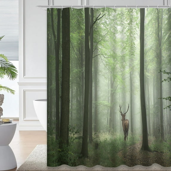LALILO Red Forest Waterproof Shower Curtain,Woods Stunning Red Deer Stag Foggy Forest Landscape Nature Shower Curtains for Bathroom with 12 Hooks,72x72 Inch