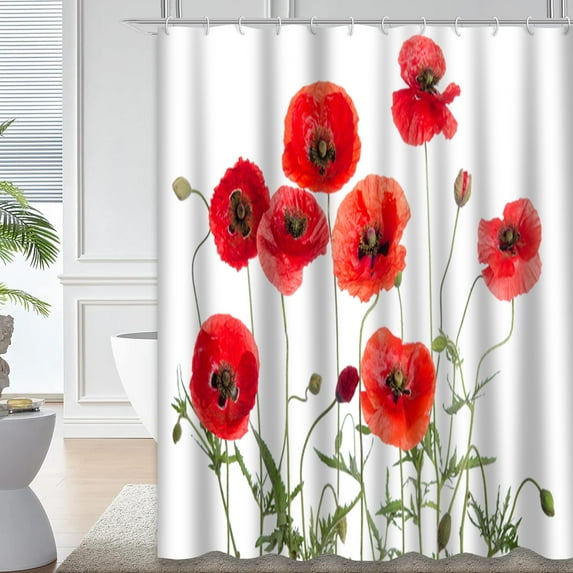 LALILO Red White Poppy Waterproof Shower Curtain,Red Poppies White Poppy Bloom Garden Beautiful Beauty Shower Curtains for Bathroom with 12 Hooks,72x72 Inch