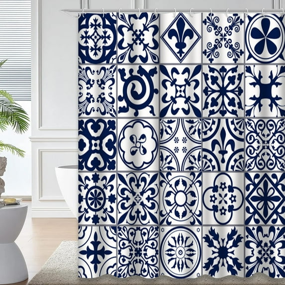 LALILO Spanish White Waterproof Shower Curtain,Moroccan Tiles Banner Spanish Wallpaper Ornament White Shower Curtains for Bathroom with 12 Hooks,72x72 Inch