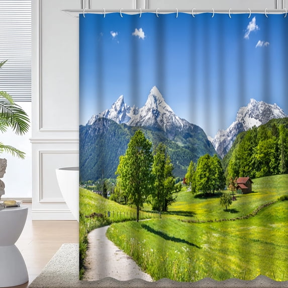 LALILO Summer Waterproof Shower Curtain,Landscape Scenery Switzerland Nature Europe Farm Green Snow Shower Curtains for Bathroom with 12 Hooks,72x72 Inch