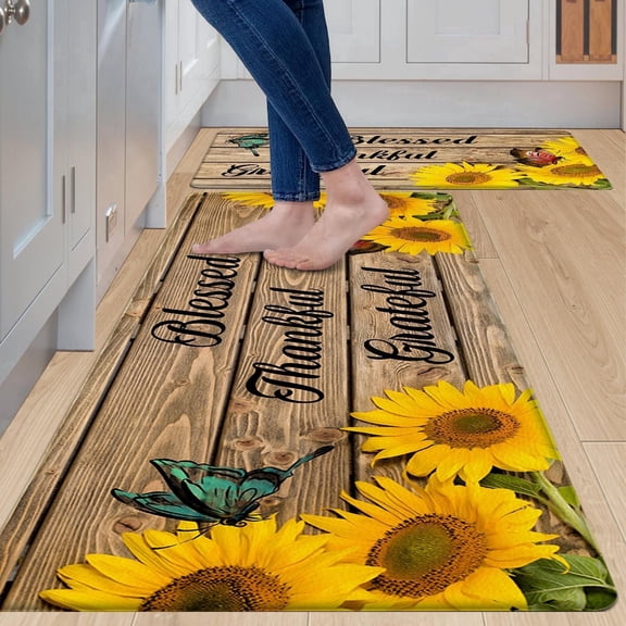 LALILO Sunflower Kitchen Rug 2PCS,Cushioned Anti-Fatigue Wooden Vintage Farmhouse Kitchen Mat for Floor Non Skid Waterproof Comfort Kitchen Rugs Set for Sink,Laundry Room,Office,Desk