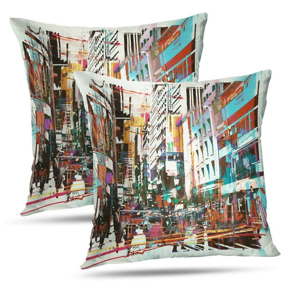 LALILO Throw Pillow Covers Art Cityscape Art Street Watercolor City Oil Cushion Cover 18" x 18", 2 Pack