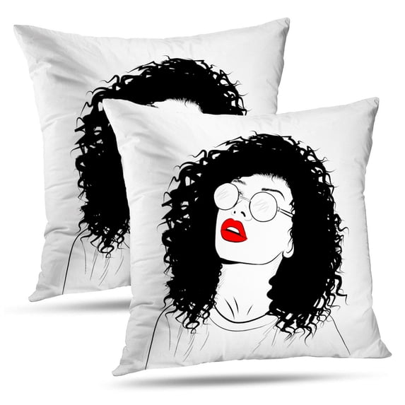LALILO Throw Pillow Covers Black Woman With Curly Luxurious Hair And Red Cushion Cover 18" x 18", 2 Pack