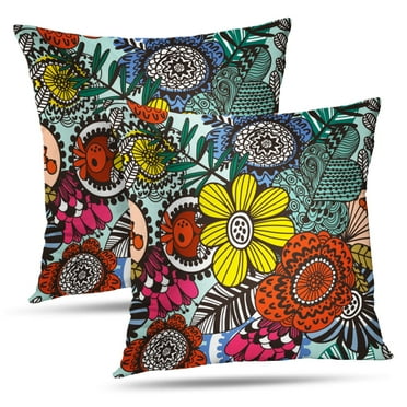 LALILO Throw Pillow Covers Blue Floral Bright Vintage Flower Colorful Cushion Cover 18" x 18", 2 Pack