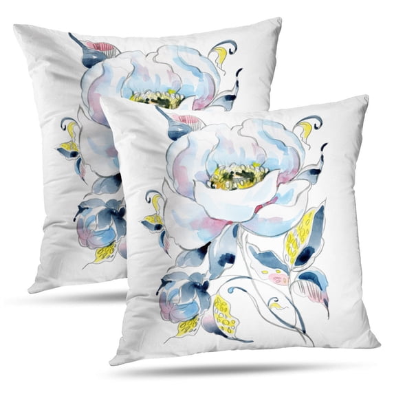 LALILO Throw Pillow Covers Blue Watercolor Flowers Colorful Artist Bloom Cushion Cover 18" x 18", 2 Pack