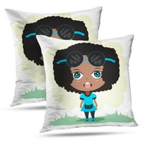 LALILO Throw Pillow Covers Cute Afro American Girl Character Artwork Cushion Cover 18" x 18", 2 Pack