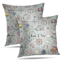 LALILO Throw Pillow Covers Doodle Boat And Sea Sea Life Ship Symbols Collection Marine Life Nautical Underwater Set of 2 Square 18 x 18 Inch Pillowcase