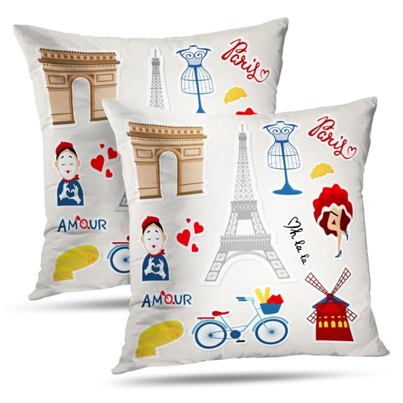LALILO Throw Pillow Covers Fashion France Badges With Paris Tower Dancer Cushion Cover 18" x 18", 2 Pack