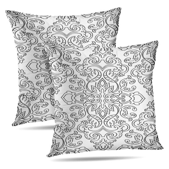 LALILO Throw Pillow Covers Floral With Damask Ornament Black And Cushion Cover 18" x 18", 2 Pack
