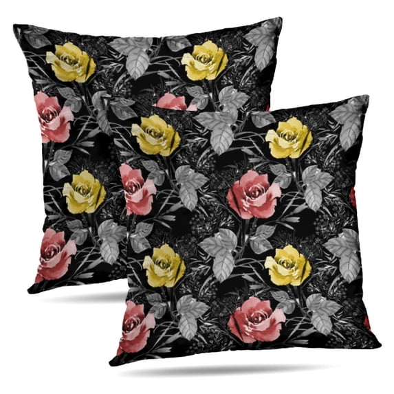 LALILO Throw Pillow Covers Floral With Red And Yellow Roses Black Cushion Cover 18" x 18", 2 Pack