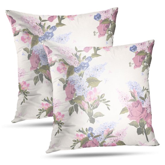 LALILO Throw Pillow Covers Floral With Roses And Lilac Light Floral Cushion Cover 18" x 18", 2 Pack