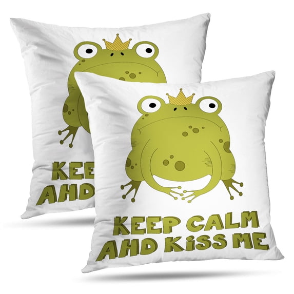 LALILO Throw Pillow Covers Frog With Message Keep Calm And Kiss Calm Frog Cushion Cover 18" x 18", 2 Pack