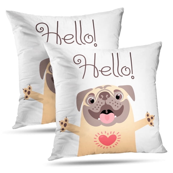 LALILO Throw Pillow Covers Greeting Card With Cute Dog Sweet Pug Hello Cushion Cover 18" x 18", 2 Pack