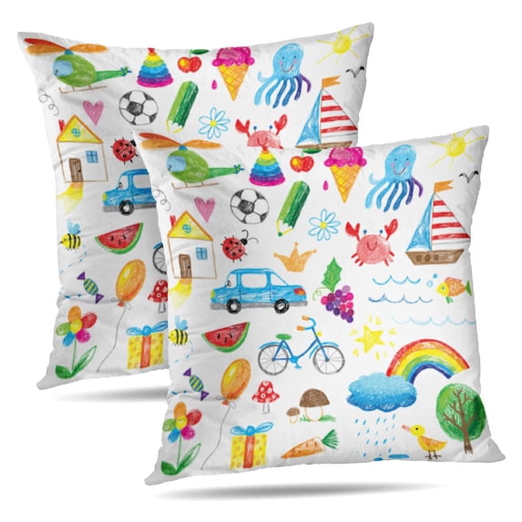 LALILO Throw Pillow Covers Kids Collection Pencil Doodle Child Cushion Cover 18" x 18", 2 Pack