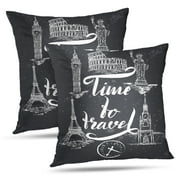 LALILO Throw Pillow Covers Landmark New York Paris London Lettering Brush Pen Time Travel Gray With Spray Italy Set of 2 Square 18 x 18 Inch Pillowcase