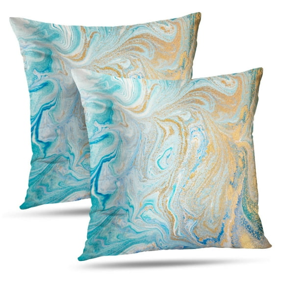 LALILO Throw Pillow Covers Marble Acrylic Blue Marbling Artwork Golden Glitter Gold Blue Marble Aqua Glitter Set of 2 Square 18 x 18 Inch Pillowcase