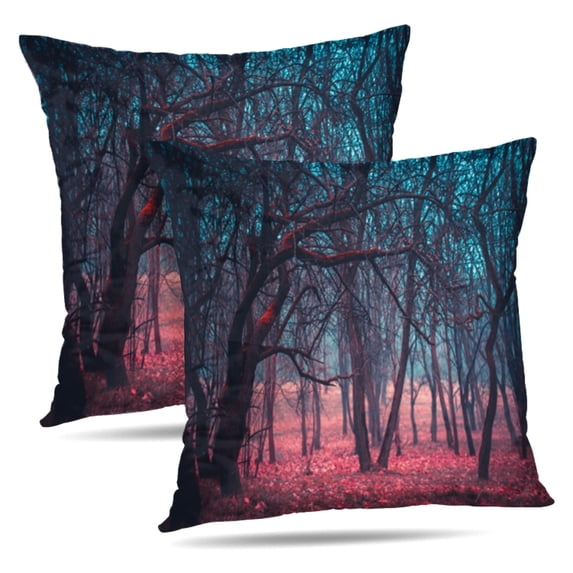 LALILO Throw Pillow Covers Mystical Forest Trees Fog Red Leaves Cushion Cover 18" x 18", 2 Pack
