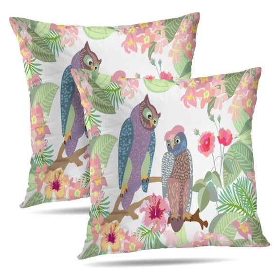 LALILO Throw Pillow Covers Owls Garden With Birds Flowers And Palm Cushion Cover 18" x 18", 915 Pack