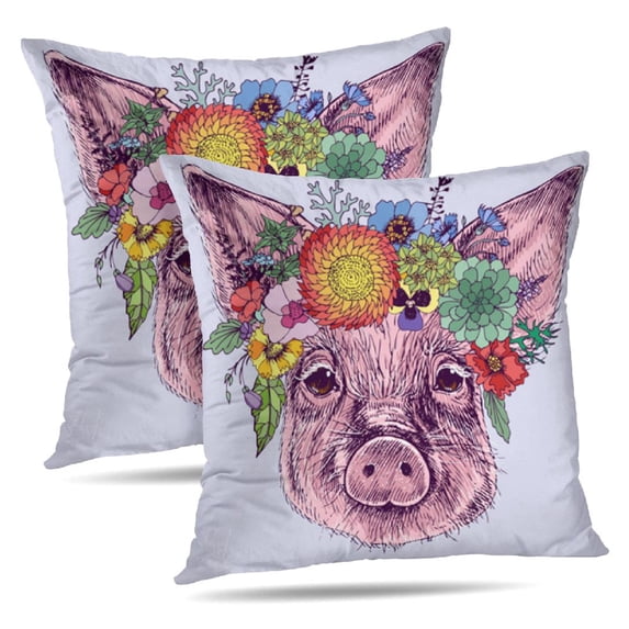 LALILO Throw Pillow Covers Portrait Little Pig With Floral Wreath Cushion Cover 18" x 18", 2 Pack