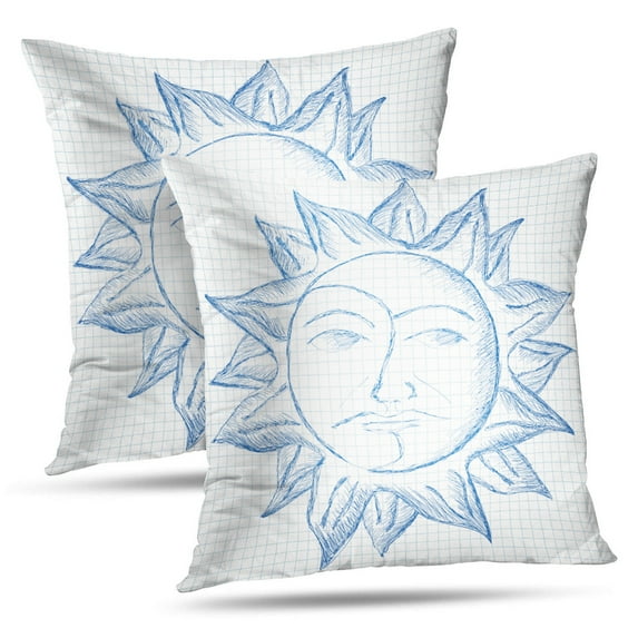 LALILO Throw Pillow Covers Sketch Sun And Moon Grid Art Brush Cartoon Day Cushion Cover 18" x 18", 2 Pack