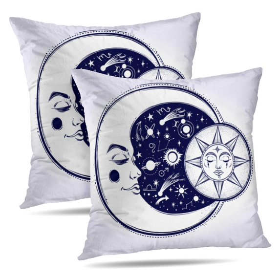 LALILO Throw Pillow Covers Vintage Moon Sun And Night Sky Coloring Cushion Cover 18" x 18", 2 Pack