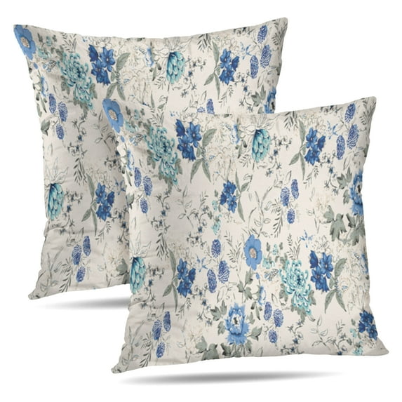 LALILO Throw Pillow Covers Watercolor Flowers Floral Flower Blue Cushion Cover 18" x 18", 2 Pack