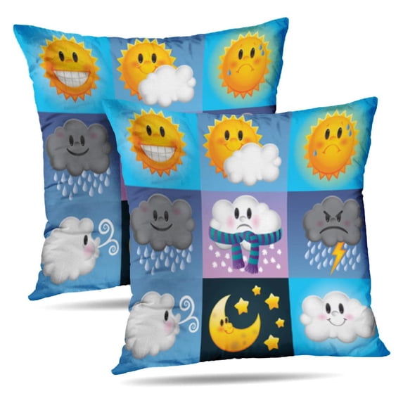 LALILO Throw Pillow Covers Weather Symbols Cartoon Clouds And With Cushion Cover 18" x 18", 2 Pack