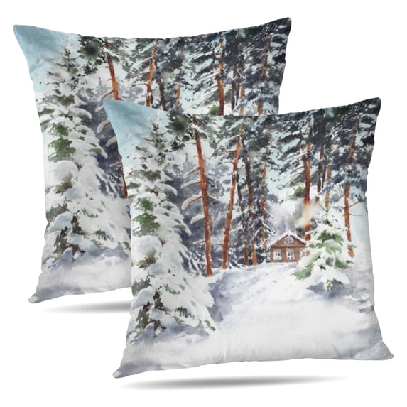 LALILO Throw Pillow Covers Winter Forest Cabin Woods Snow Cushion Cover 18" x 18", 2 Pack