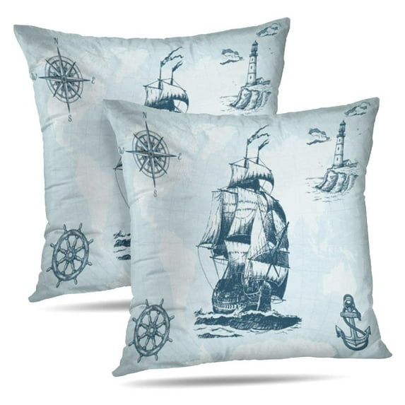 LALILO Throw Pillow Covers With Vintage Sailing Ship Compass Cushion Cover 18" x 18", 2 Pack