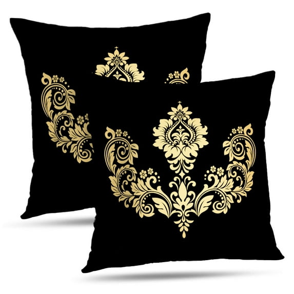 LALILO Throw Pillow Covers Yellow Golden Black Damask Graphic Damask Cushion Cover 18" x 18", 2 Pack