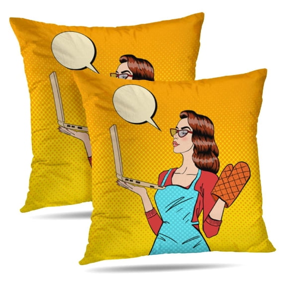 LALILO Throw Pillow Covers Young And With Laptop Pop Art Woman Cushion Cover 18" x 18", 2 Pack