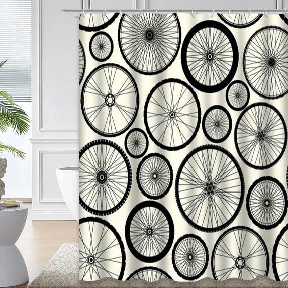 LALILO Waterproof Bicycle Wheels Shower Curtain, Bike Wheel Travel Design, Square Backdrop, 72x72 in, 12 Hooks