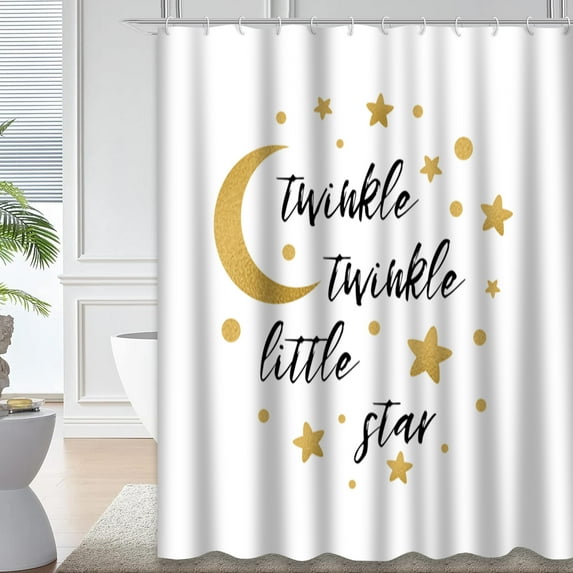 LALILO Waterproof Gold Moon Baby Shower Curtain, Cute Gold Star and Moon Design, 72x72 in, 12 Hooks
