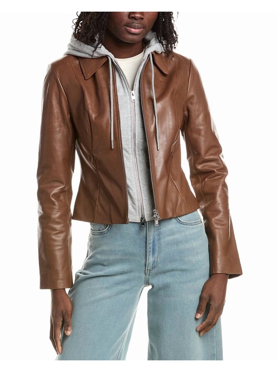 womens Removable Bib Leather Jacket, xs, Brown