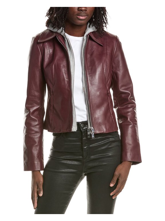 womens Removable Bib Leather Jacket, xs, Red