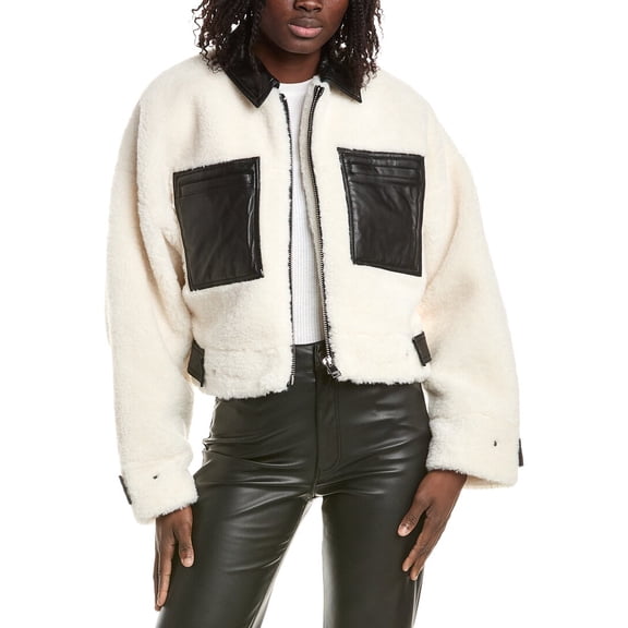 LAMARQUE womens Sherpa Leather-Trim Jacket, xs, White