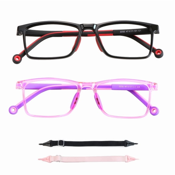 LAMBBAA 2 Pack Kids Blue Light Blocking Glasses, Computer Glasses with Rope, Anti Blurry and Eyestrain, Cut UV400 Anti Glare for Children Age 3-12 (Black Red, Purple)