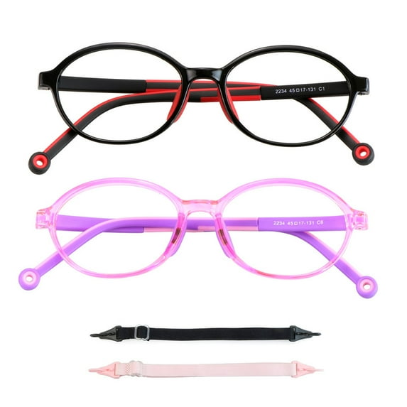 LAMBBAA 2 Pack Kids Blue Light Blocking Glasses, Computer Glasses with Rope, Anti Blurry and Eyestrain, Cut UV400 Anti Glare for Children Age 3-12 (Black Red, Purple)