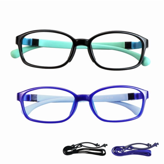 LAMBBAA Kids Blue Light Blocking Glasses 2 Pack Square Flexible Frame UV400 Protection Anti Blue Ray Computer Glasses Anti Glare Eyewear for Boys Girls Age 3-12 (Blue Black+Dark Blue)