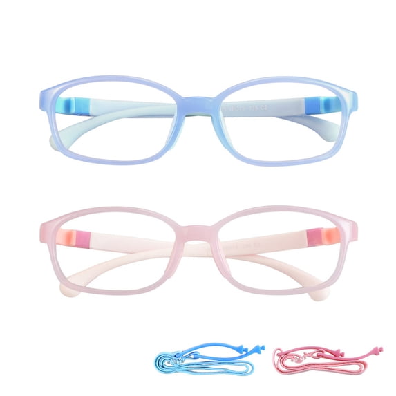 LAMBBAA Kids Blue Light Blocking Glasses 2 Pack Square Flexible Frame UV400 Protection Anti Blue Ray Computer Glasses Anti Glare Eyewear for Boys Girls Age 3-12 (Blue+Pink)