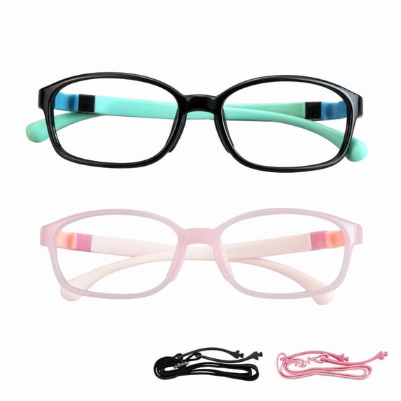 LAMBBAA Kids Blue Light Blocking Glasses 2 Pack Square Flexible Frame UV400 Protection Anti Blue Ray Computer Glasses Anti Glare Eyewear for Boys Girls Age 3-12 (Blue Black+Pink)