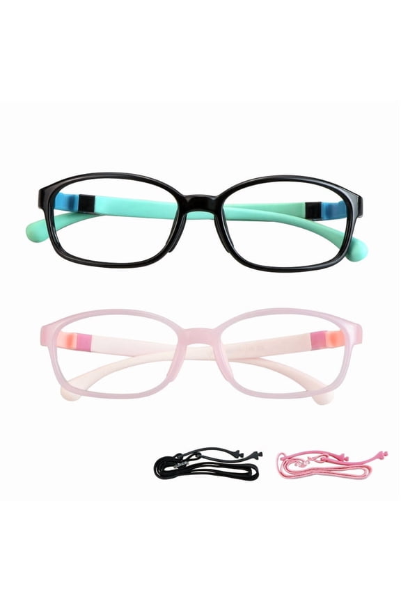 Kids Blue Light Blocking Glasses 2 Pack Square Flexible Frame UV400 Protection Anti Blue Ray Computer Glasses Anti Glare Eyewear for Boys Girls Age 3-12 (Blue Black+Pink)