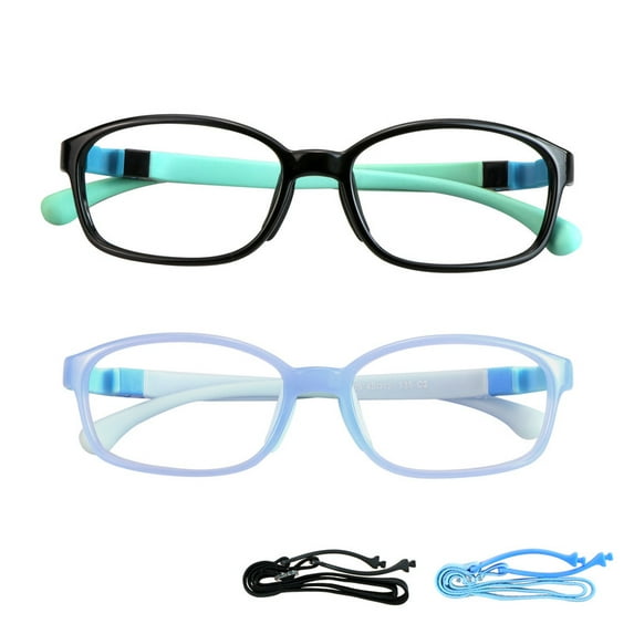 LAMBBAA Kids Blue Light Blocking Glasses 2 Pack Square Flexible Frame UV400 Protection Anti Blue Ray Computer Glasses Anti Glare Eyewear for Boys Girls Age 3-12 (Blue Black+Blue)