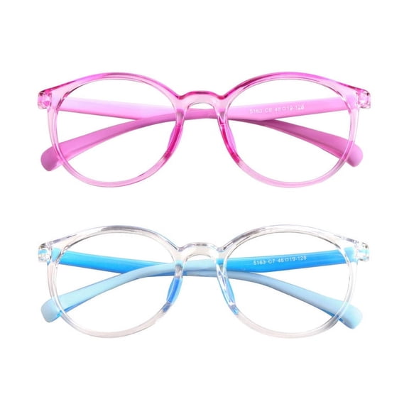 LAMBBAA Kids Blue Light Blocking Glasses 2 Pairs Round Frame UV400 Protection Anti Blue Ray Computer Glasses Anti Glare Eyewear for Boys Girls Age 3-12 (Pink+Light Blue)