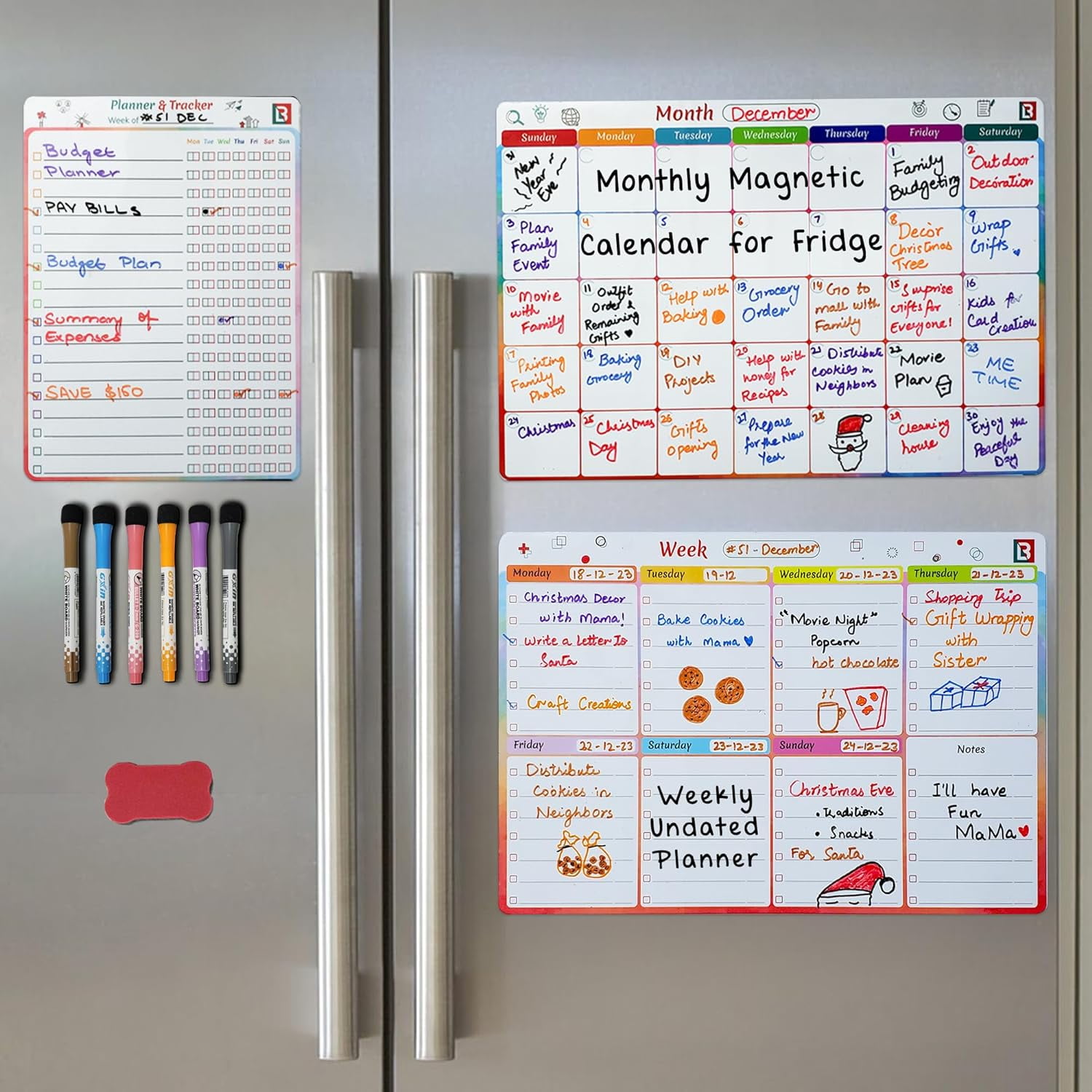 LAMBOCK Set of 3Dry Erase Calendars for Refrigerator Chore Chart for Kids Markers x