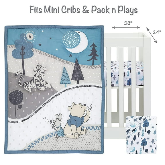 (LAMCR) Forever Pooh 3-Piece Mini Crib Bedding Set, Blue (780020)