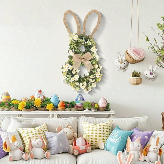 LAMDAWE Easter BunnyThemed ArtificialFlower VineWreath Spring Floral BunnyShaped Door Wreath with Ears,Bow,Reusable ArtificialFlower Wreath for Easter Spring Festival Wall Window Party Decorations